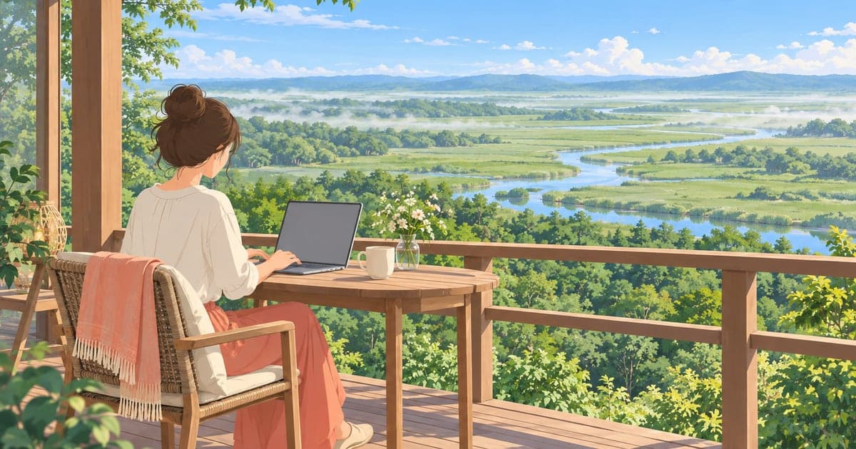 夏の釧路で、湿原を望むテラスでノートパソコンを開くリモートワーカーを描いたイラスト(二拠点・長期滞在)