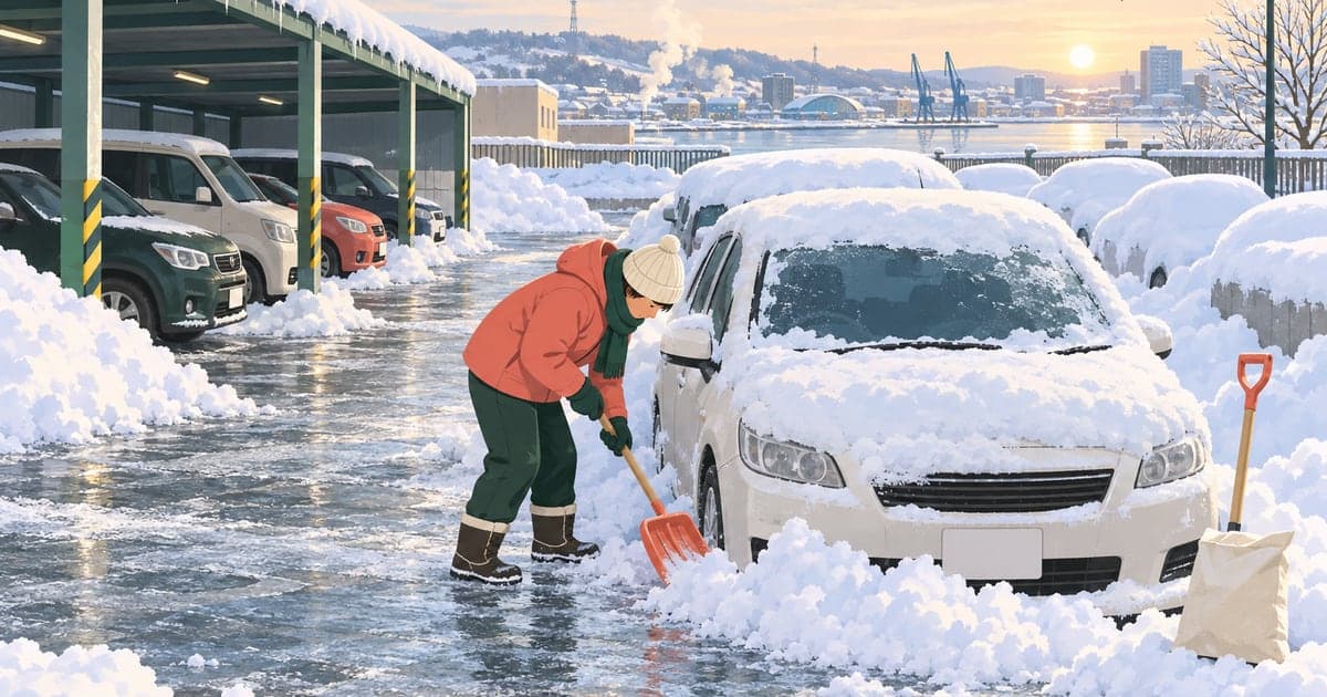 釧路の駐車場で車を除雪する冬の朝の生活風景を描いた、雪対策がわかるイラスト除雪の大変さも伝わる。