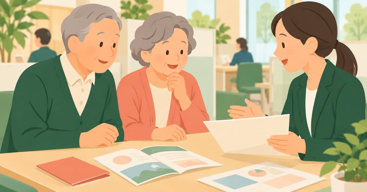 釧路の年金事務所の窓口で年金相談を受ける様子を描いたイラスト。年金手帳と書類を前に職員と話す場面で、釧路年金事務所での年金相談がわかる。