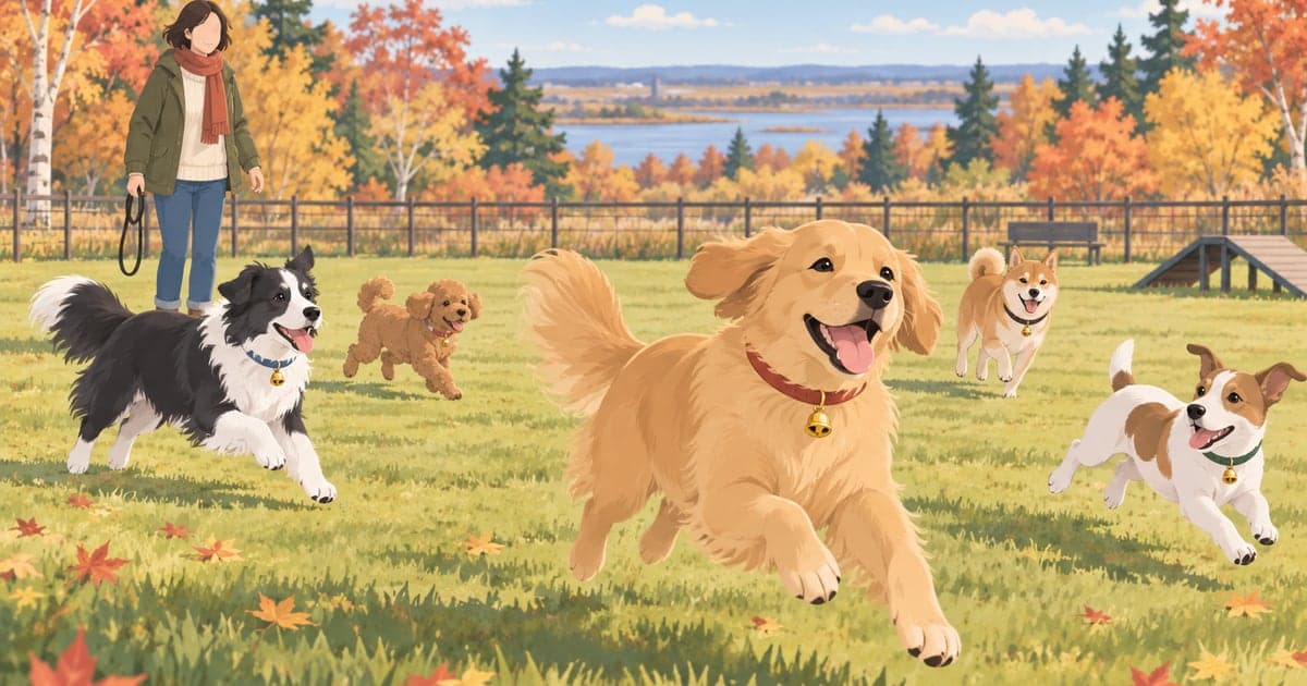 釧路のドッグランで犬と遊ぶ飼い主のペットとの暮らしの様子を描いたイラスト晩秋の穏やかな時間。