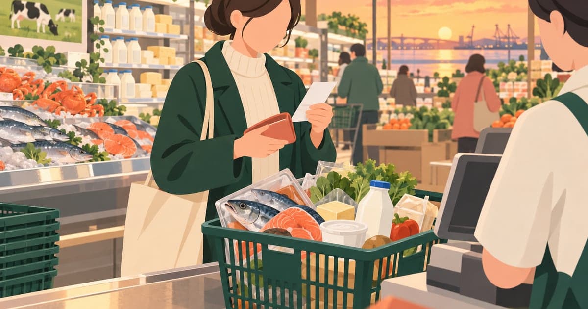 釧路のスーパーで物価を確かめながら買い物する様子を描いた、生活費目安がわかるイラスト。
