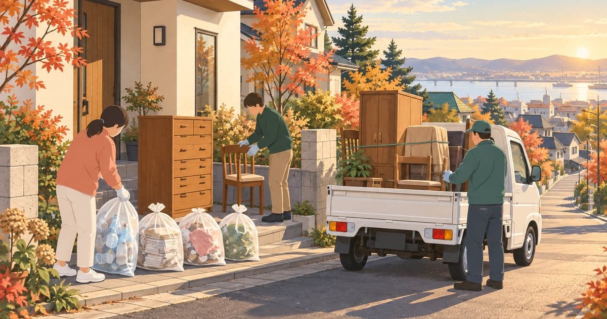 釧路で粗大ゴミや不用品を分別して処分する秋の様子を描いた、リサイクルがわかるイラスト。