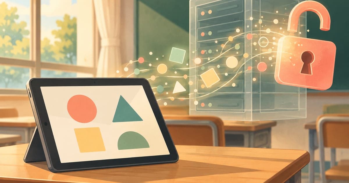 小学校の教室に置かれた学習用タブレットと、サーバーラックから情報が外へ漏れる様子を描いた、情報流出の可能性を伝えるイラスト。