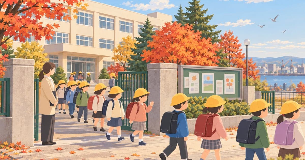 釧路の小学校の下校風景を描いた、地域の教育機関データがわかるイラスト通学路の安全もわかる。
