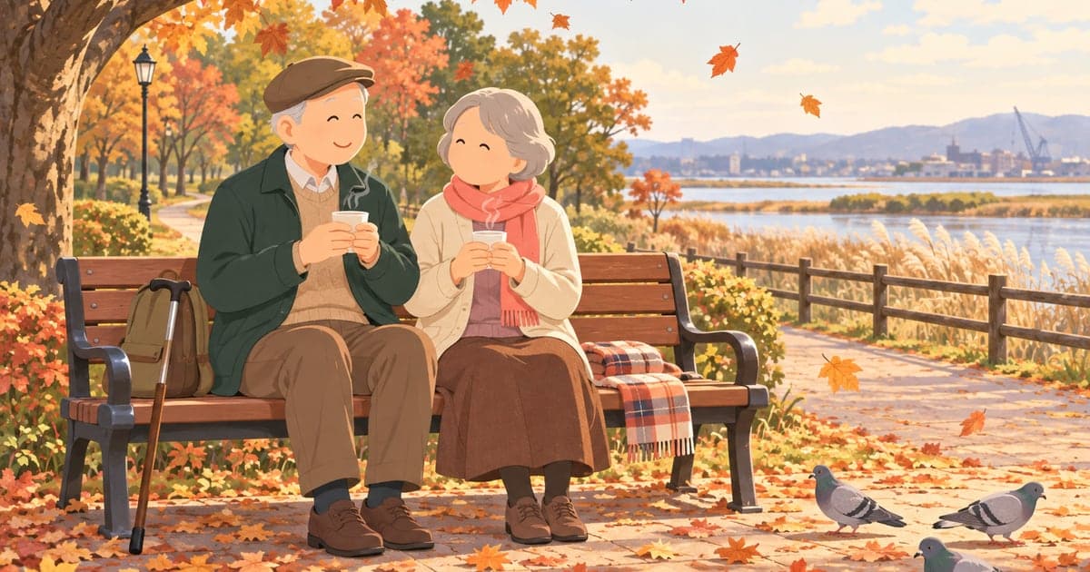 釧路の公園でくつろぐシニア夫婦の穏やかな暮らしを描いた、高齢者向けの生活がわかるイラスト。