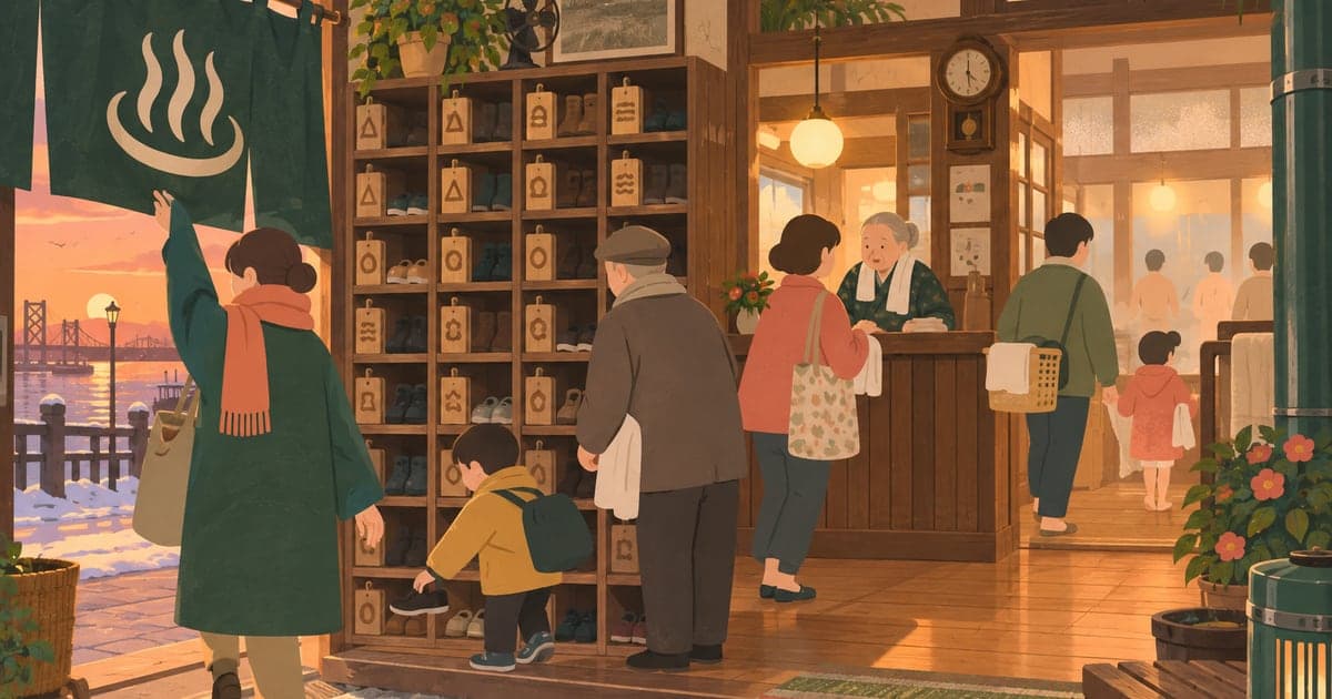 釧路の昭和レトロな銭湯に通う住民の夕方の日帰り湯の様子を描いたイラスト料金改定の話題もわかる。