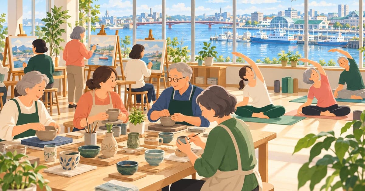 港町の窓辺の明るい教室で、大人やシニアが陶芸・絵画・ヨガの市民講座を楽しむイラスト