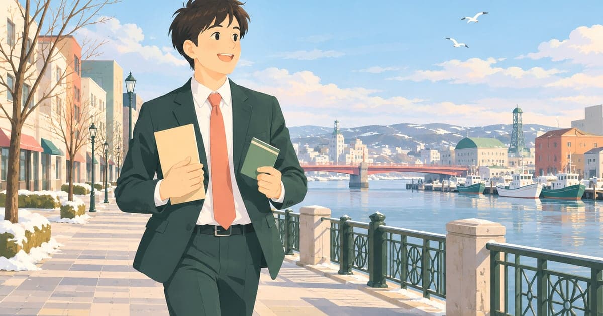 釧路の街並みを背景に、スーツ姿の若者が封筒と通帳を手に笑顔で歩くイラスト(釧路市の奨学金返済支援)