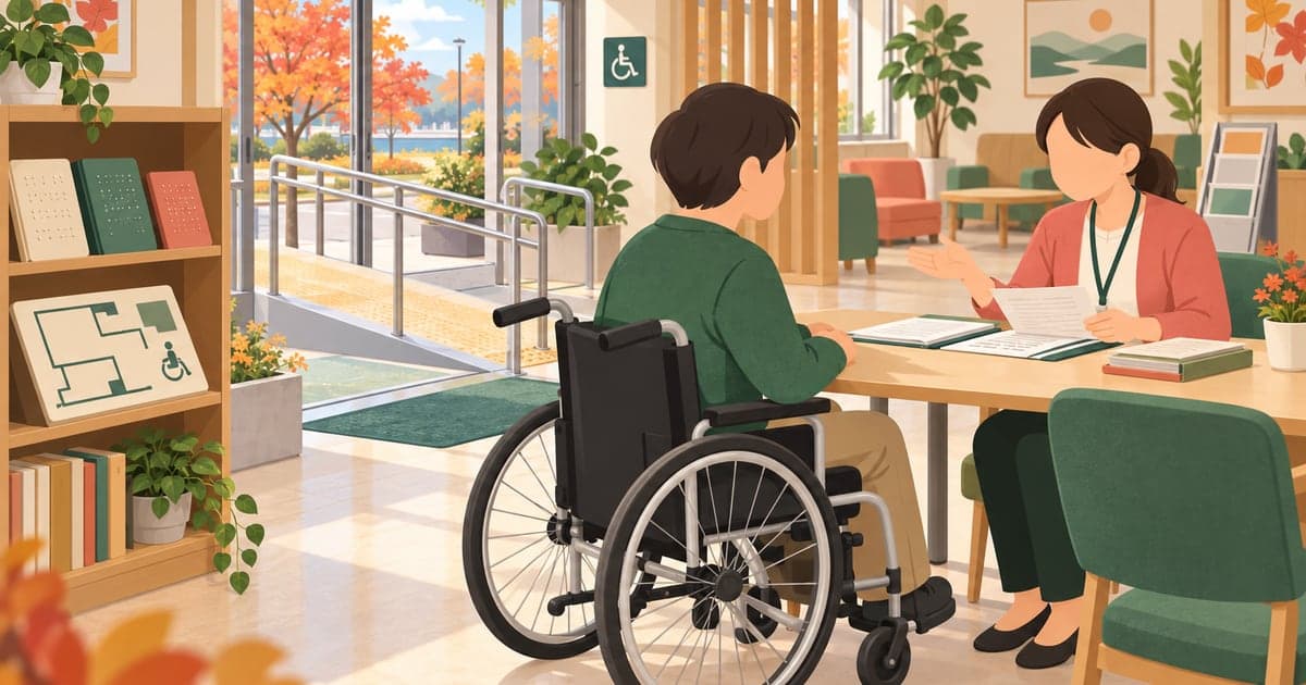 釧路の福祉窓口で障害者手帳や支援制度を相談する様子を描いた、福祉サービスがわかるイラスト。