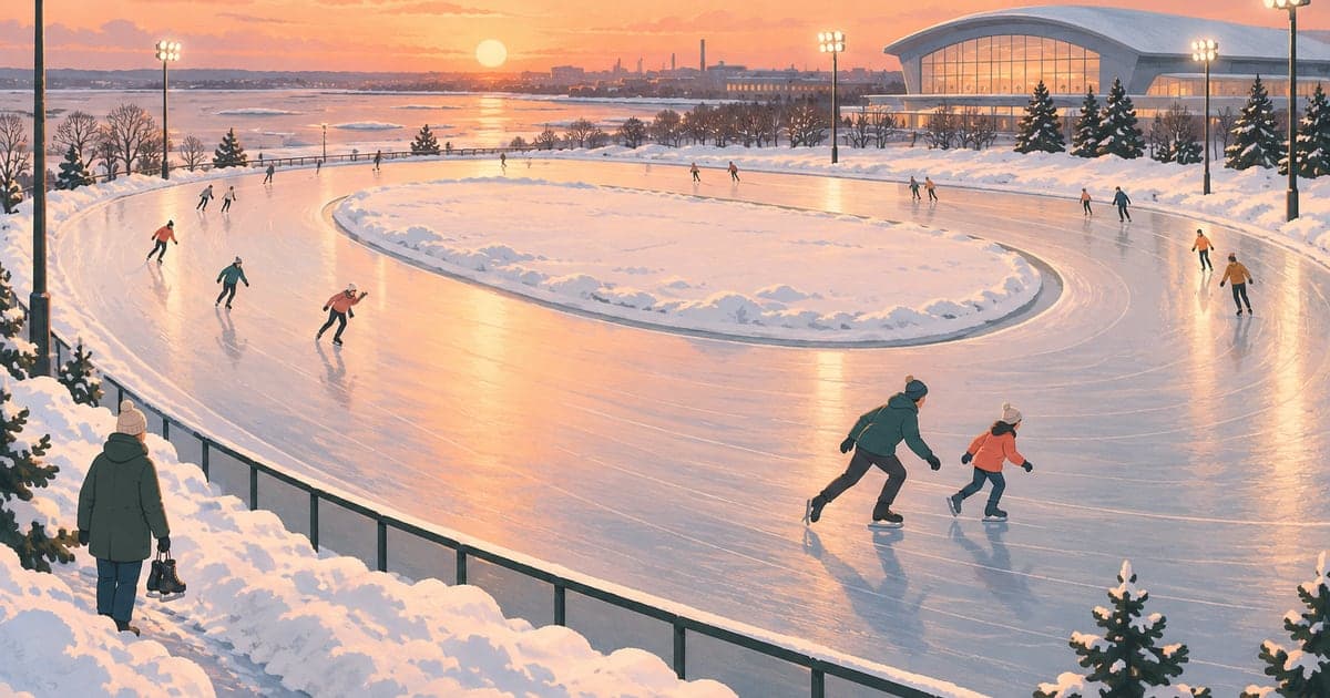 雪に囲まれた釧路の屋外スケートリンクで親子が滑る冬のイラスト(釧路のスケートリンク・一般滑走)