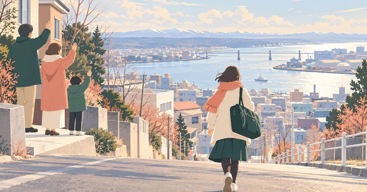 釧路の街の坂道を、バッグを提げて新生活へ向かう学生と見送る家族を描いたイラスト(釧路の大学・高専への進学と学生生活)