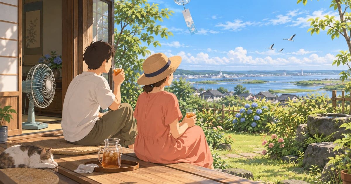 釧路の冷房いらずの涼しい夏を過ごす住民の暮らしを描いた、避暑地の実情がわかるイラスト。