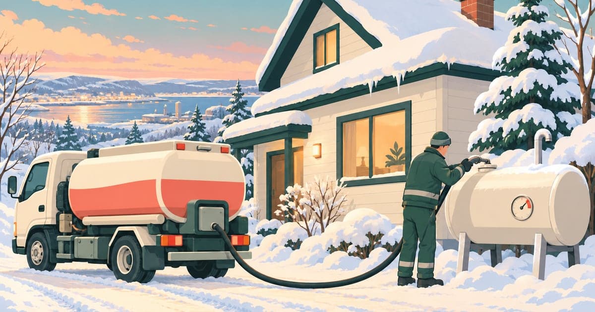 雪の家の屋外ホームタンクに灯油を配達する小型タンクローリーのイラスト(釧路の灯油配達)