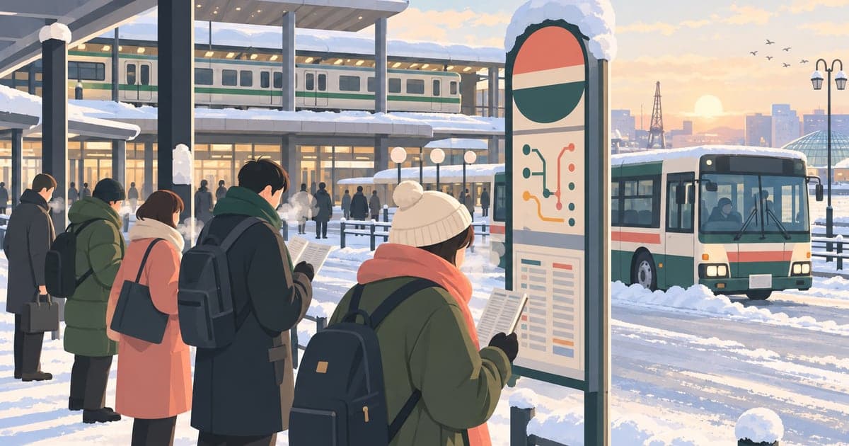 釧路駅前でバスとJRを利用する冬の通勤風景を描いた、交通手段の使い分けがわかるイラスト。