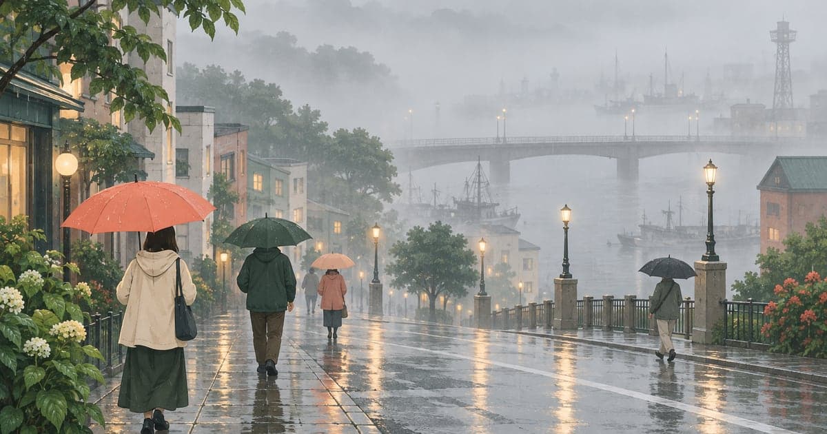 釧路特有の蝦夷梅雨と呼ばれる6月の長雨と霧の暮らしを描いた、梅雨の実情がわかるイラスト。
