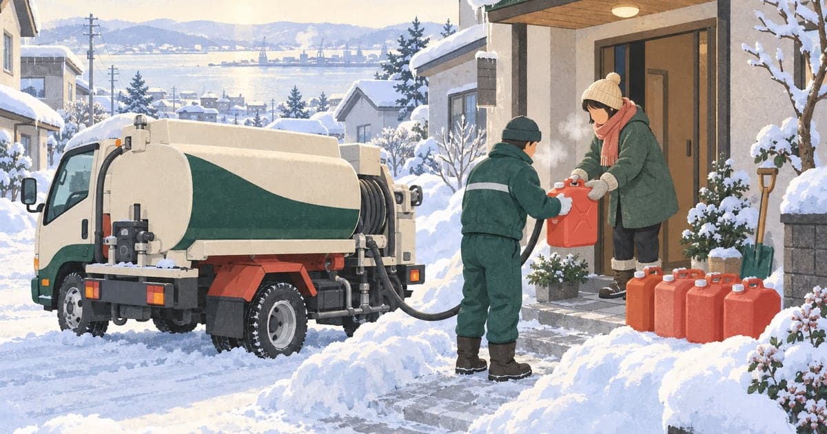 釧路の灯油配達を受け取る冬の暮らしと光熱費の様子を描いた、暖房事情がわかるイラスト。