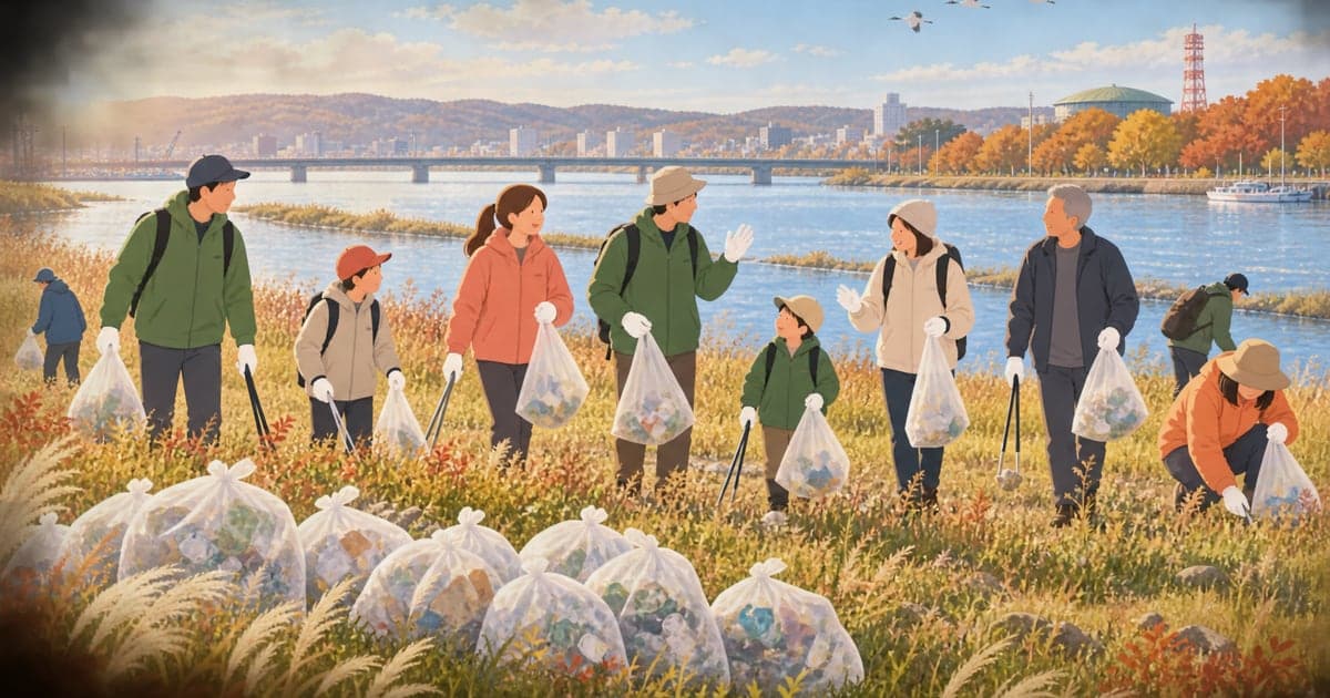 釧路の河川清掃ボランティアで地域とつながる活動の様子を描いた、参加方法がわかるイラスト。
