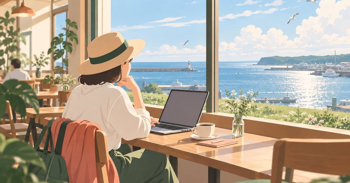 釧路のカフェでWiFiを使いワーケーションする夏の様子を描いた、ネット環境がわかるイラスト。