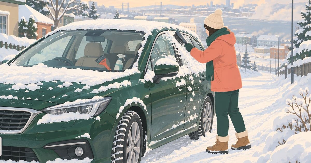 釧路の凍結路面をスタッドレスタイヤで走る冬道運転の様子を描いた、安全運転がわかるイラスト。