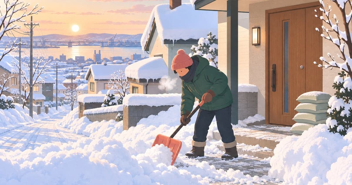 釧路の氷点下の冬に除雪をする住民の日常の暮らしを描いた、寒さと暖房費がわかるイラスト。