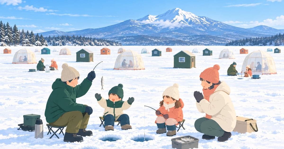 阿寒湖の氷上でワカサギ釣りを楽しむ家族連れと雄阿寒岳の雪景色を描いた冬のイラスト