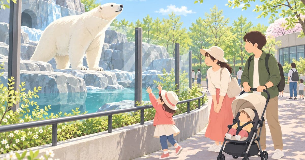 釧路市動物園でホッキョクグマを見上げて喜ぶ親子連れの春の一日の様子を描いたイラスト