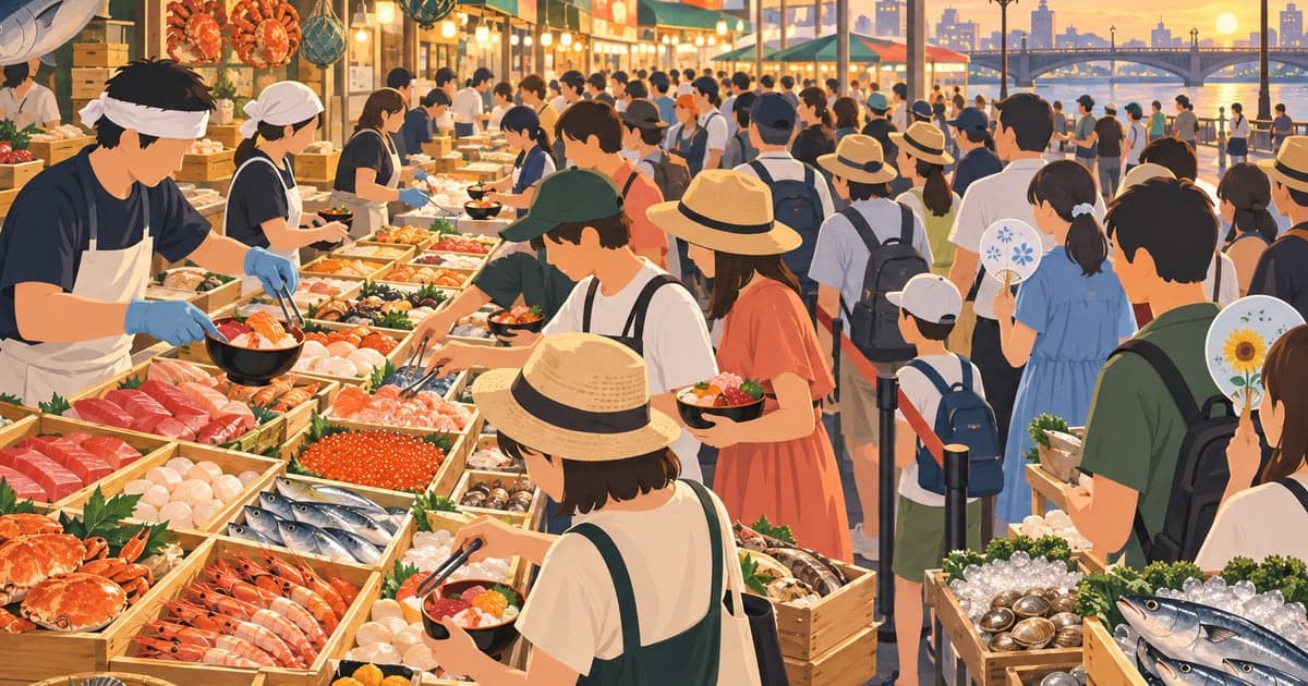 夏の和商市場で観光客が行列を作り勝手丼を選ぶ賑やかな混雑の様子を描いたイラスト