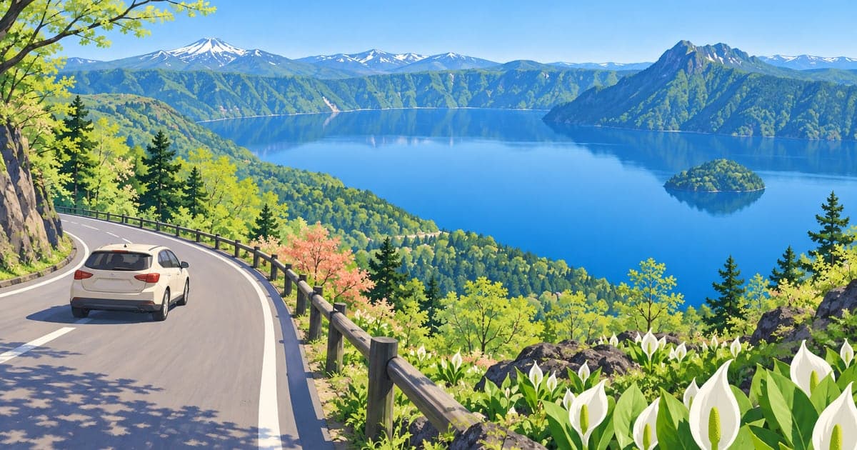 新緑の5月に摩周湖へ向かうゴールデンウィークのドライブ車窓風景のイラスト