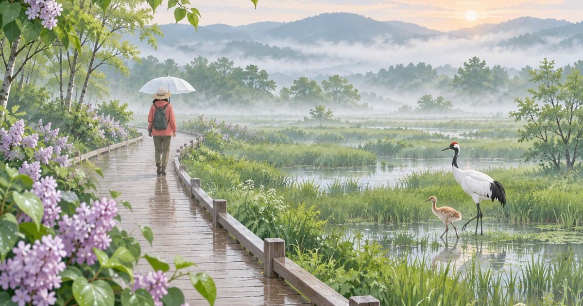 6月の霧に包まれた釧路湿原でタンチョウ親子を眺める木道歩きの初夏イラスト