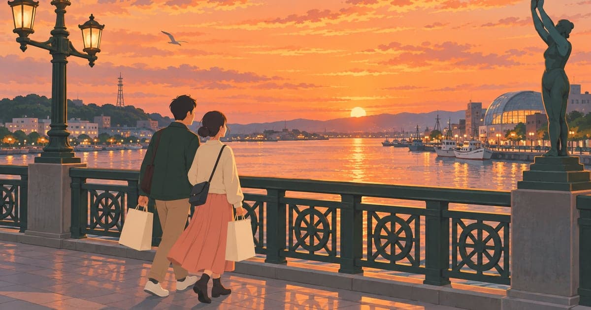 夕暮れの幣舞橋を渡る旅行者夫婦と釧路川に映る夕景を描いた観光モデルコースイラスト