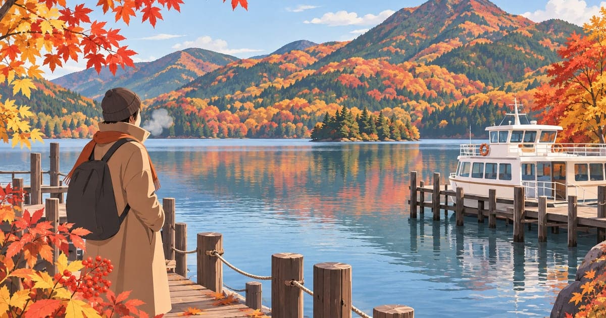 紅葉に彩られた阿寒湖畔を歩く旅行者を描いた10月の釧路秋観光イラスト