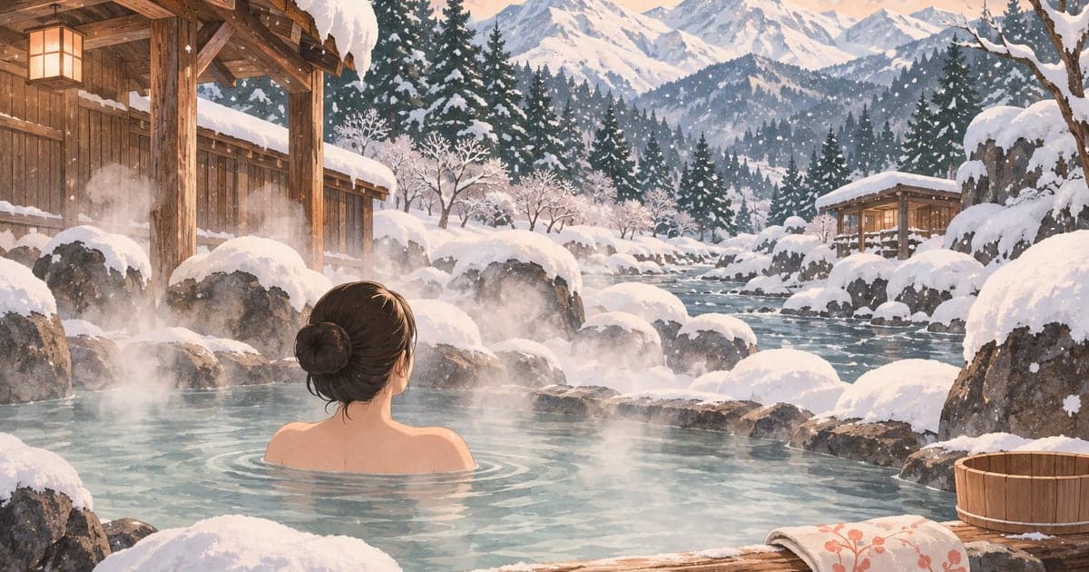 雪景色の露天風呂で湯気に包まれる釧路エリアの冬の温泉旅行イラスト