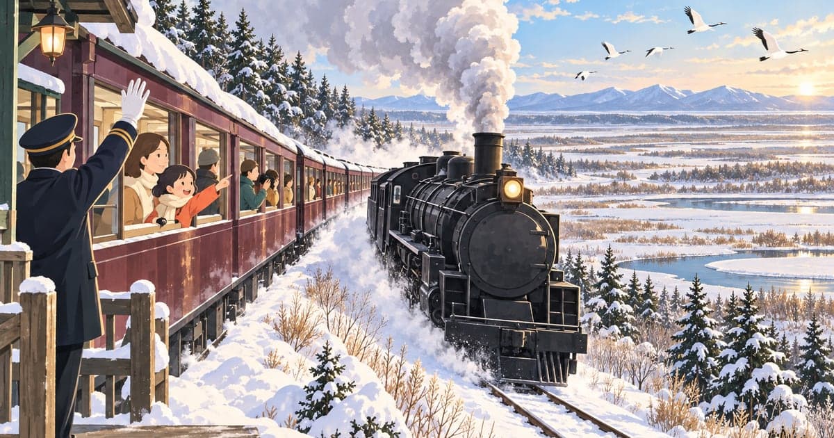 雪原を走るSL冬の湿原号と車窓から景色を眺める乗客たちの観光列車イラスト