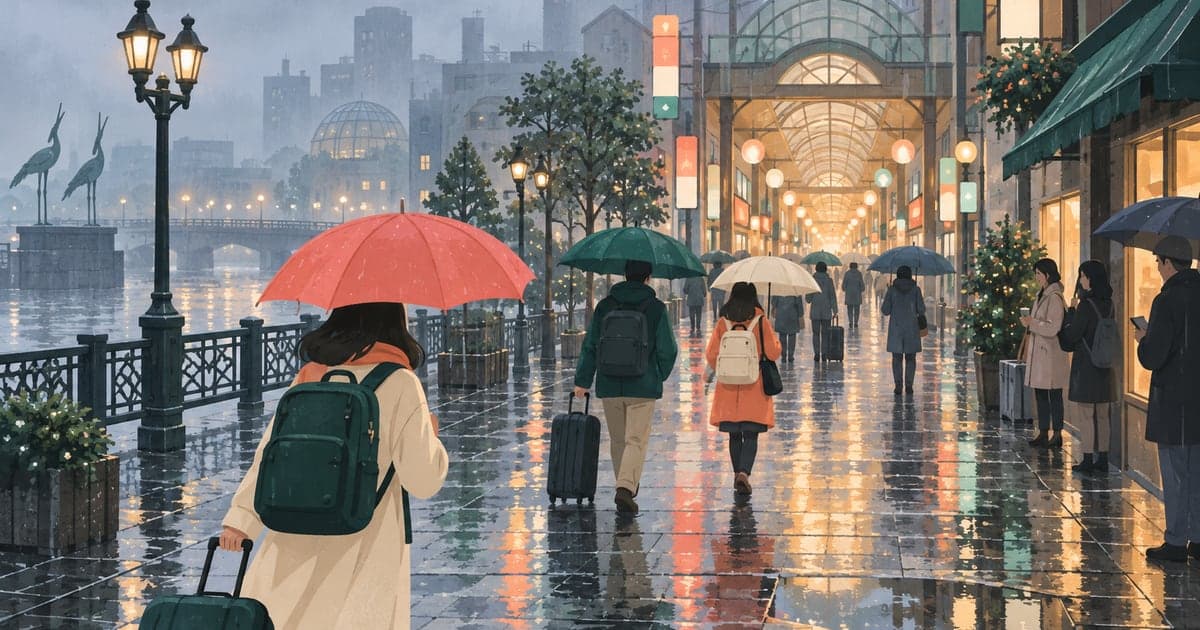 霧雨に煙る釧路の町並みを傘をさして歩く旅行者たちの雨の日観光イラスト