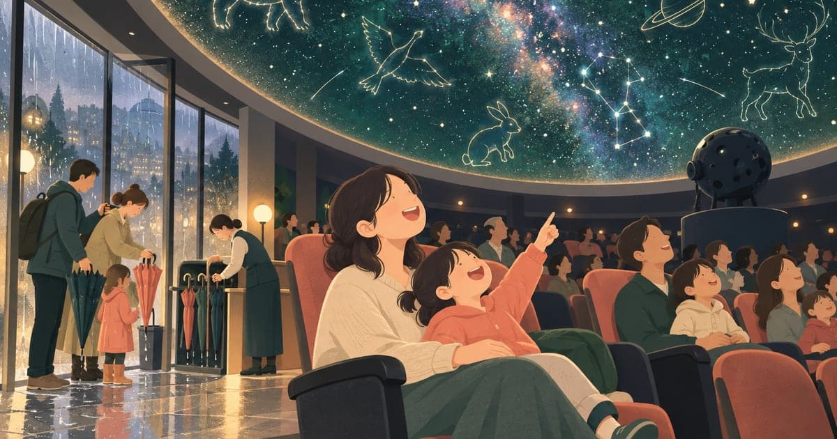 雨の日に屋内プラネタリウムを見上げて楽しむ釧路の子連れ家族のイラスト
