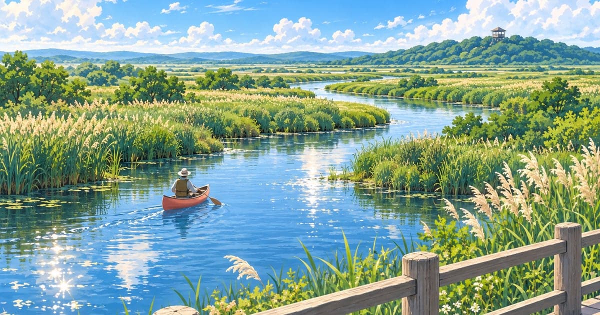夏の釧路湿原をカヌーで進むパドラーと蛇行する川を描いた湿原観光イラスト