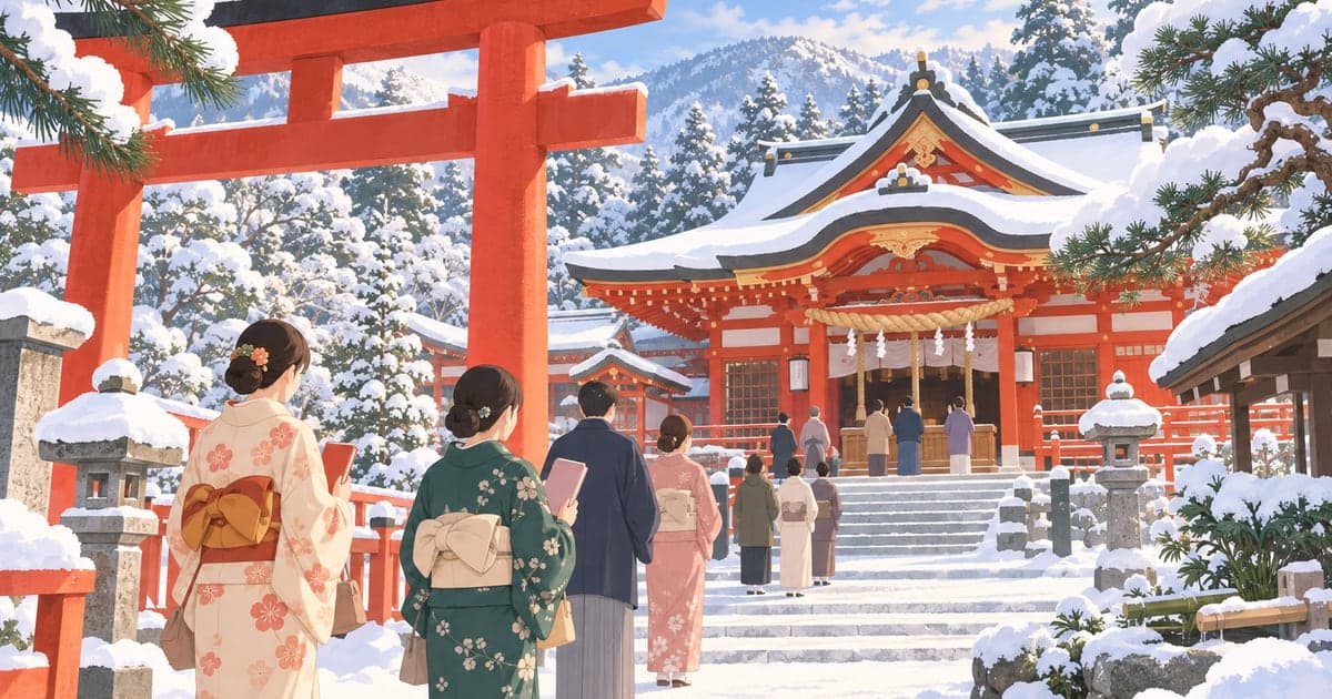 雪の境内で初詣をする参拝者と御朱印帳を持つ様子を描いた釧路の神社イラスト