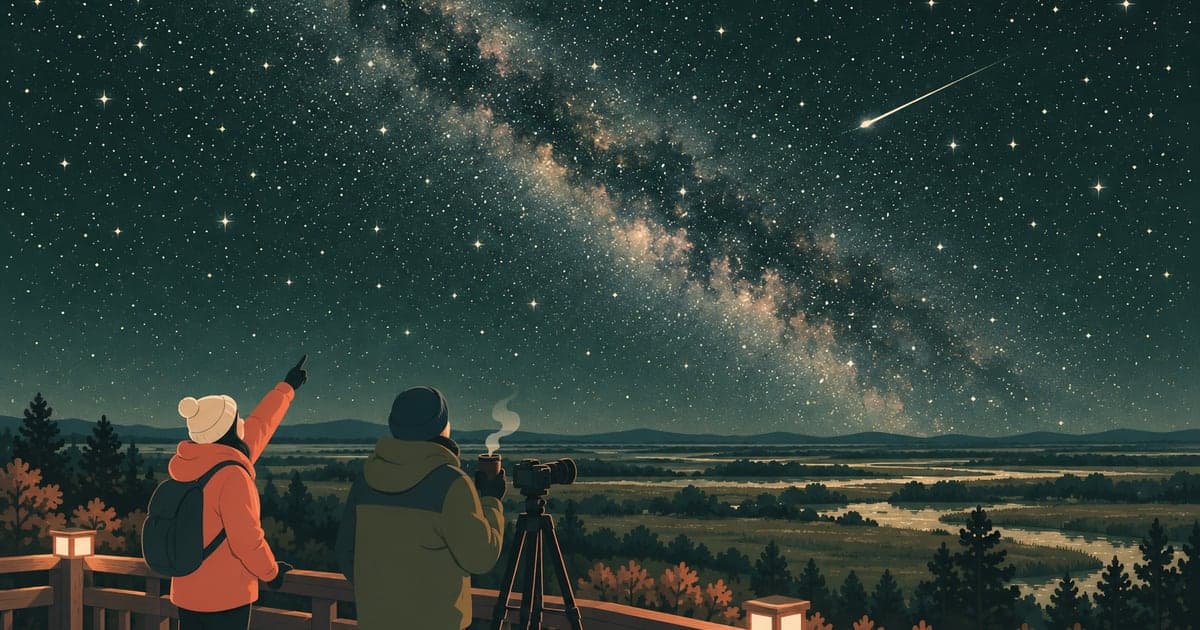 釧路湿原の展望台で天の川を撮影する人を描いた道東の星空観測イラスト