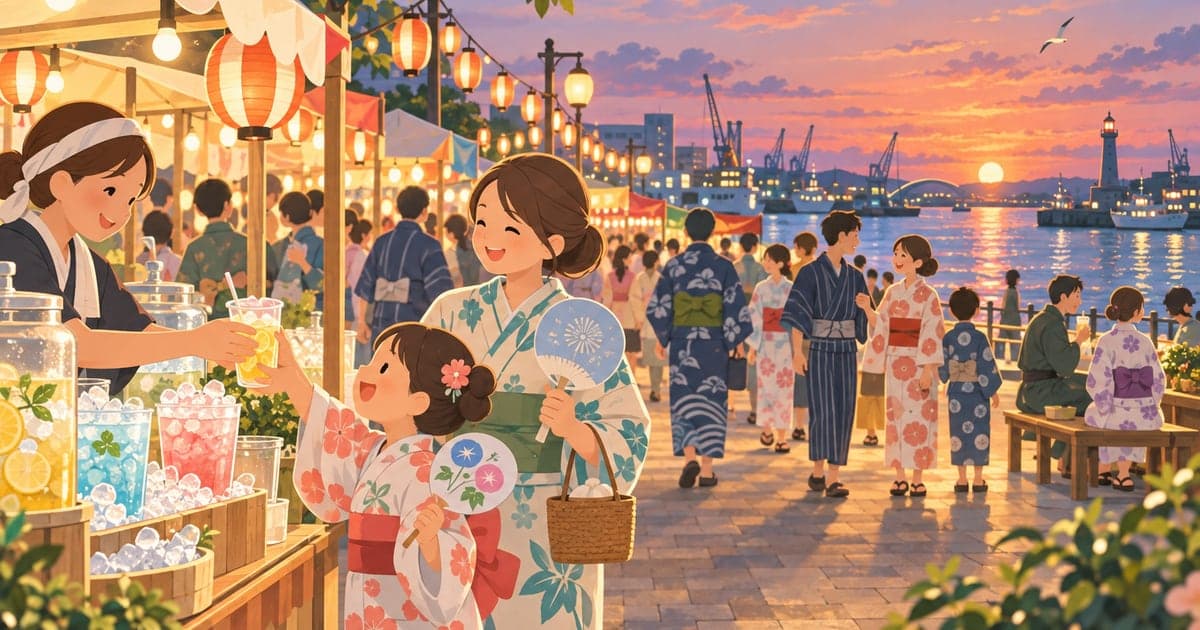 港まつりの提灯と浴衣姿の人々でにぎわう釧路の夏祭りの夕涼みイラスト