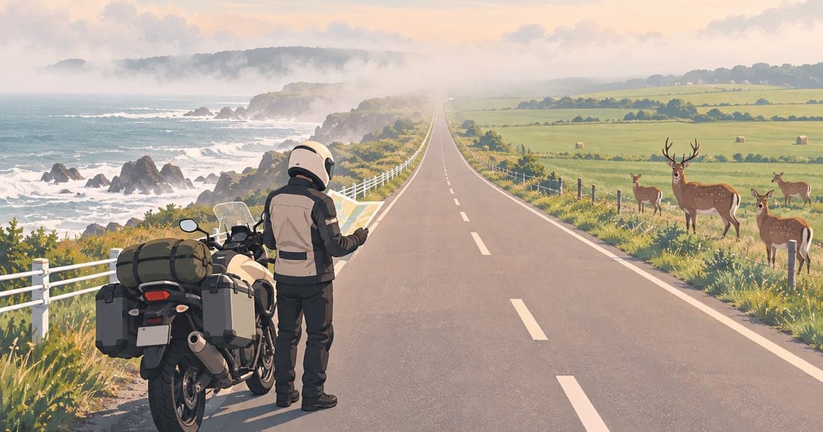 海沿いの直線道路をエゾシカに注意しながら走るバイクツーリングのイラスト
