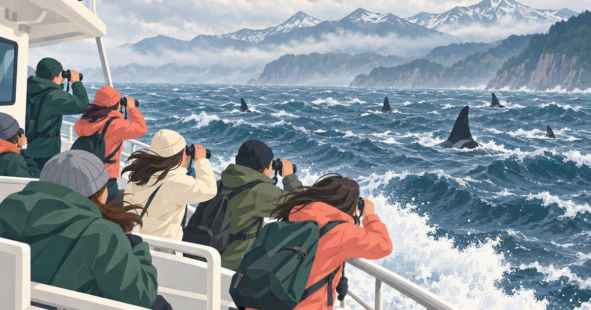 羅臼沖のクルーズ船でシャチの背びれを探す乗客たちのホエールウォッチングイラスト