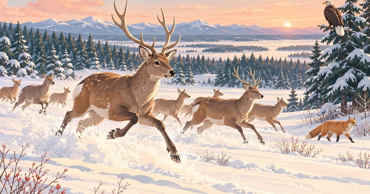 雪原のエゾシカとオジロワシ、キタキツネを描いた道東の野生動物ウォッチングイラスト