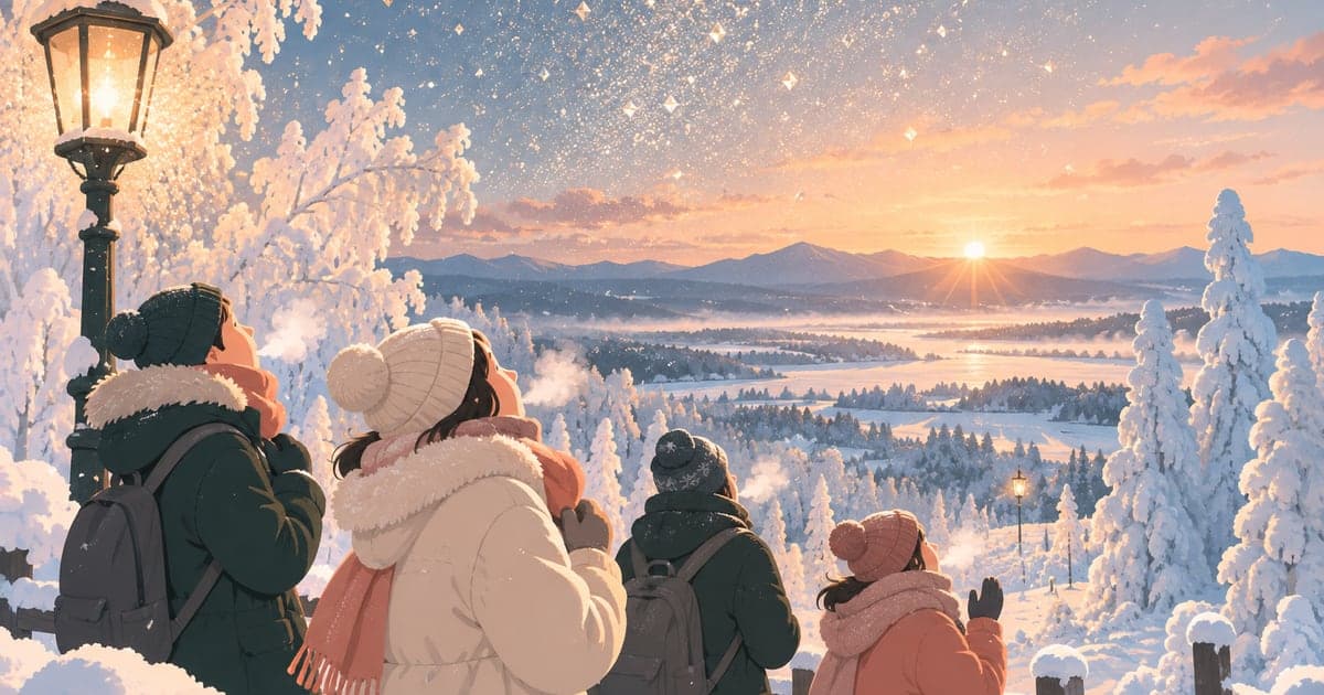 ダイヤモンドダストが舞う釧路の極寒の朝の幻想的な冬景色を描いたイラスト