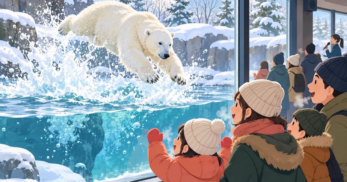 雪の釧路市動物園でホッキョクグマを見つめる親子連れの冬の動物園イラスト