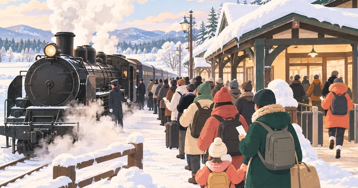 標茶駅でSL冬の湿原号への乗車を待つ乗客の列を描いた冬の観光列車イラスト