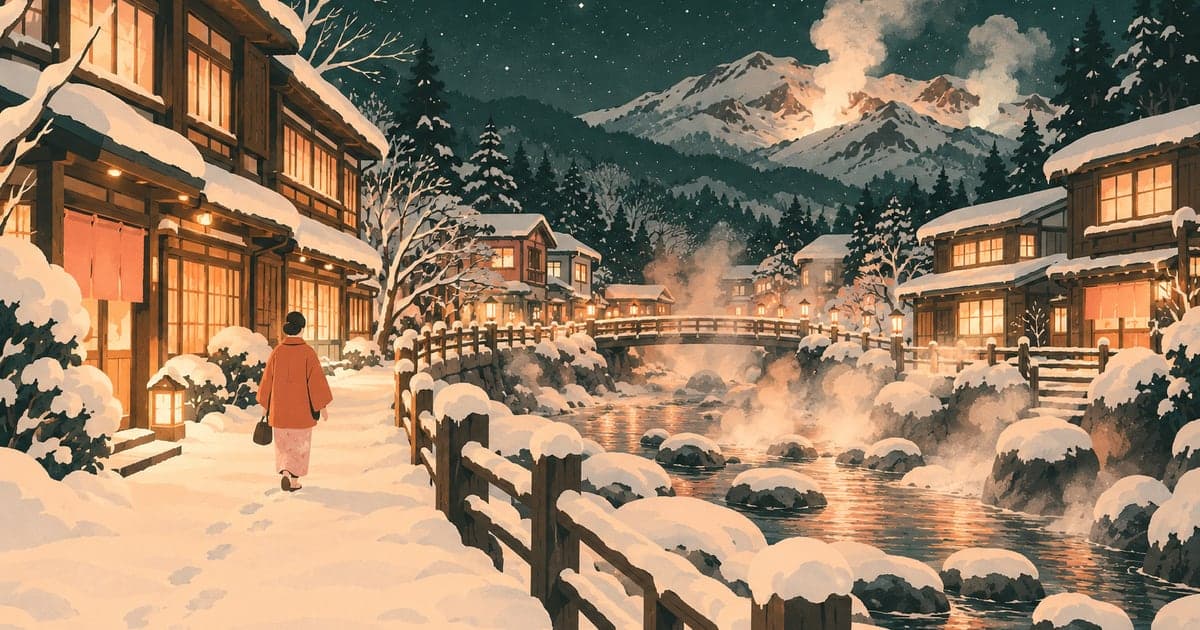 雪の川湯温泉街で湯気の立つ川と宿の明かりを歩く旅人のイラスト(弟子屈・川湯の冬の温泉めぐり)